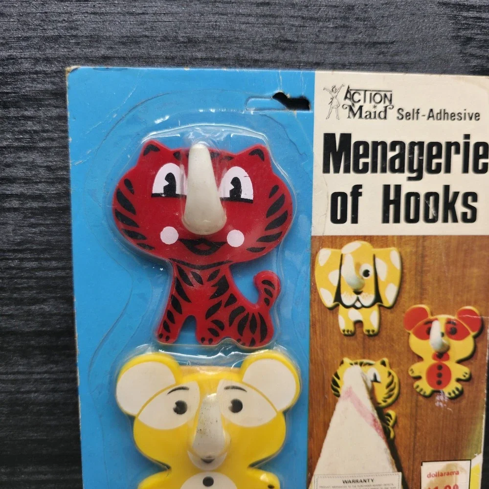 Vintage 1978 Action Maid Animal Self Adhesive Hooks Elephant Tiger Bear Set 3
